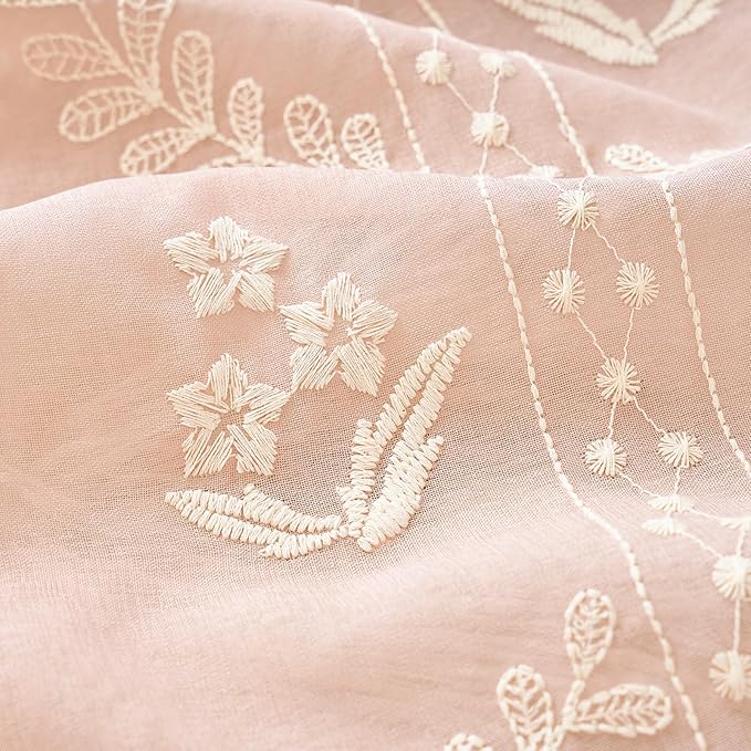 jinchan Belrose Pink Floral Sheer Curtains for Bedroom 63 Inch Long Voile Embroidered Farmhouse Curtains for Living Room Ivory Flower Patterned Rod Pocket Window Treatments, 2 Panels Pink