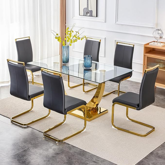 63” Glass Dining Table Set for 6,Gold Dining Room Table Set for 6,Modern Kitchen Table and PU Leather Chairs for 6, Dinner Table with Rectangle Tempered Glass Top and Golden Base