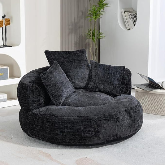 42'' Oversized Round Chair, Single Lounge Chaise Upholstered Sofa Bed with Deep Seat, Chenille Bean Bag Chiar with Pillows for Living Room, Bedroom, Apartment, Reading, No Assembly (Black)