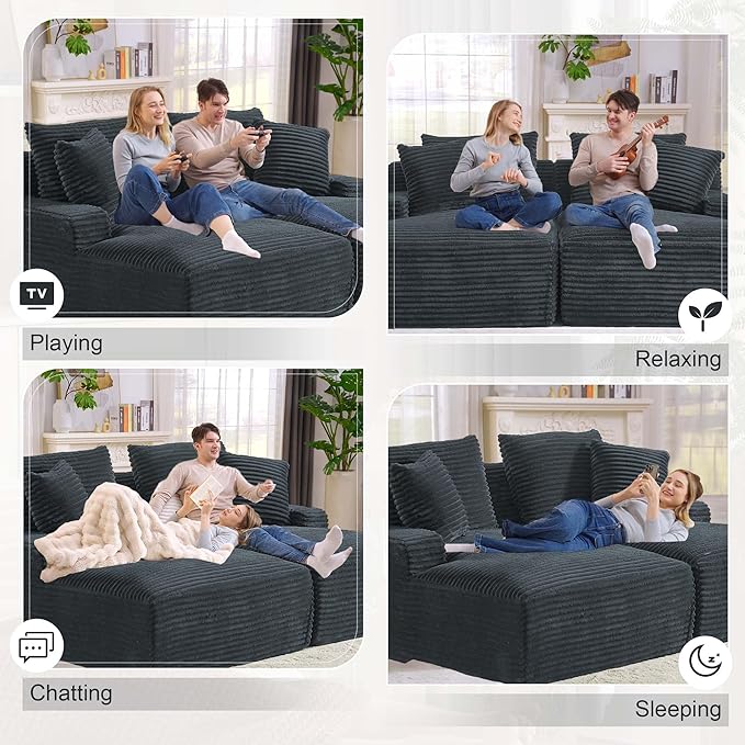 GNIXUU 78.8" Oversized Double Boneless Chaise Lounges Sofa, Plush Corduroy Sectional Cloud Couch Upholstered Memory Foam Loveseat Sleeper Chair Bed with Soft Pillows for Living Room Bedroom(Drak Gray)