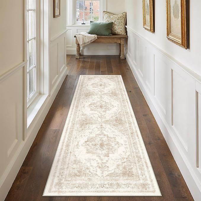 Runner Rug 2x7 Cream Hallway Washable Beige Carpet Non Slip Vintage Medallion Beige Carpet Low Pile Soft Distressed Retro Indoor Long Rug for Entryway Kitchen Bathroom Laundry Bedroom