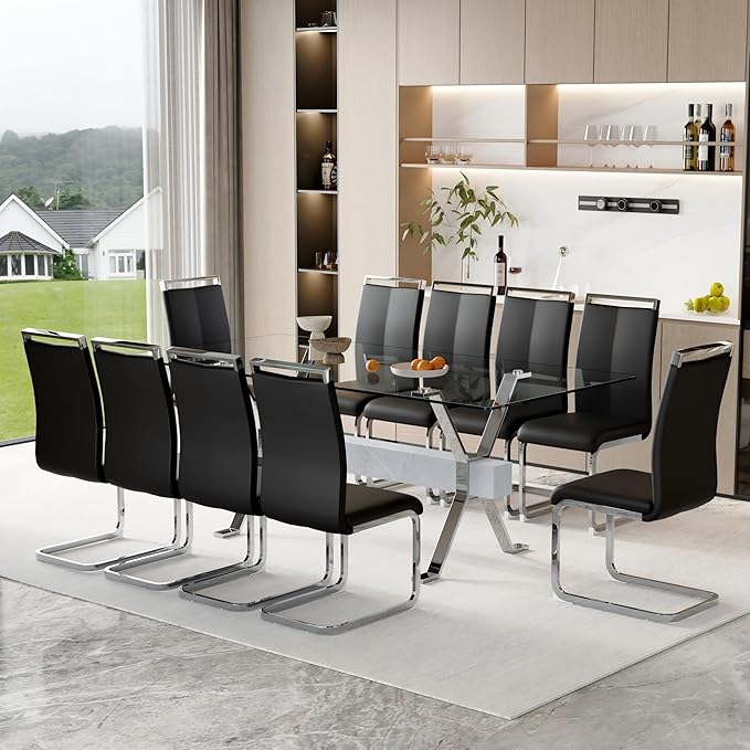 11 Piece Glass Dining Table Set, 79" Modern Dining Table Set for 10, 0.5" Thick Tempered Glass Tabletop with Silver Chrome Metal Legs and Grey Crossbar, 10 PU Chairs for Dining Room, Kitchen