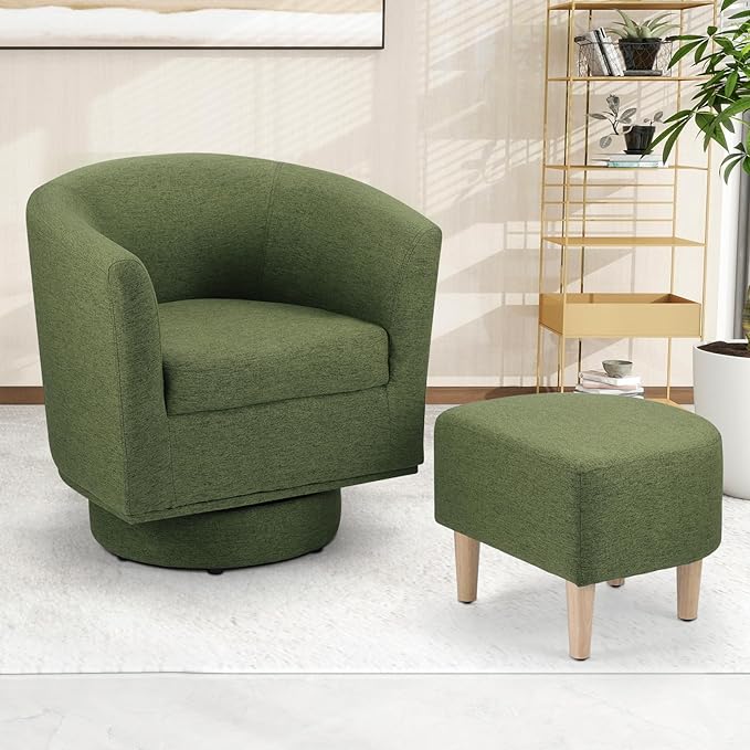 DAZONE Green Swivel Accent Chair with Ottoman, Comfy Barrel Armchair for Small Spaces, 360° Modern Fabric Lounge Chair for Living Room, Bedroom, Reading Nook, Home Office