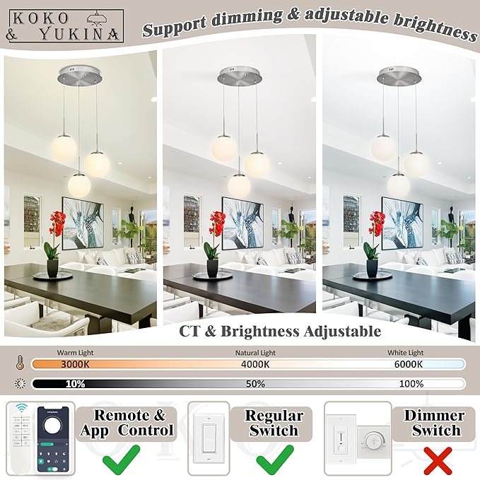 KoKo&Yukina 3-Light Globe Glass Pendant Light Modern Nickel Glass Chandelier Adjustable Length Pendant Lights Fixtures with Milky White Globe Ceiling Light for Kitchen Island (Bulb & Remote Incl.)