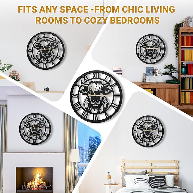 20Inch/50CM Large Wall Clocks Battery Operated, Slient, Black, Metal,Decorative Wall Clock for Living Room Decor,Bedroom, Kitchen, Dining Room, (Highland Bull Wall Clock, 20 Inch)
