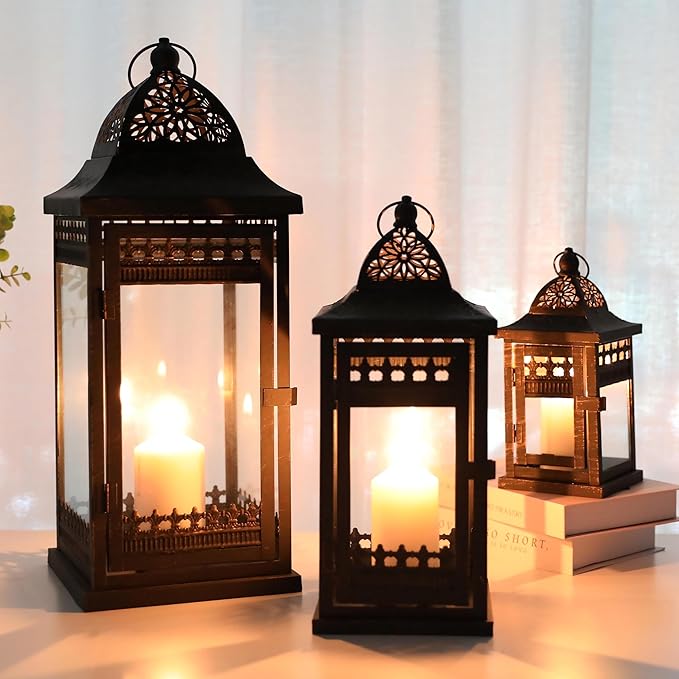 JHY DESIGN Set of 3 Decorative Candle Lanterns20&14.5"&9.5" High Vintage Style Hanging Lantern, Metal Candleholder for Indoor Outdoor, Events, Parities and Weddings（Black with Gold Brush）