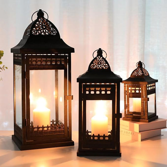 JHY DESIGN Set of 3 Decorative Candle Lanterns20&14.5"&9.5" High Vintage Style Hanging Lantern, Metal Candleholder for Indoor Outdoor, Events, Parities and Weddings（Black with Gold Brush）