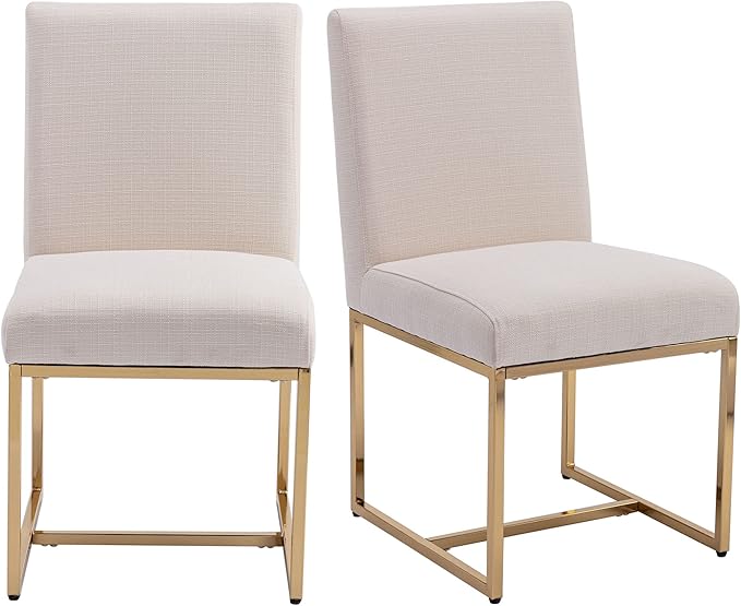 VESCASA Linen Upholstered Dining Chairs Set of 6, Mid Century Modern Padded Chair with Gold Metal Frame for Restaurant, Dining Room, Kitchen, Cream