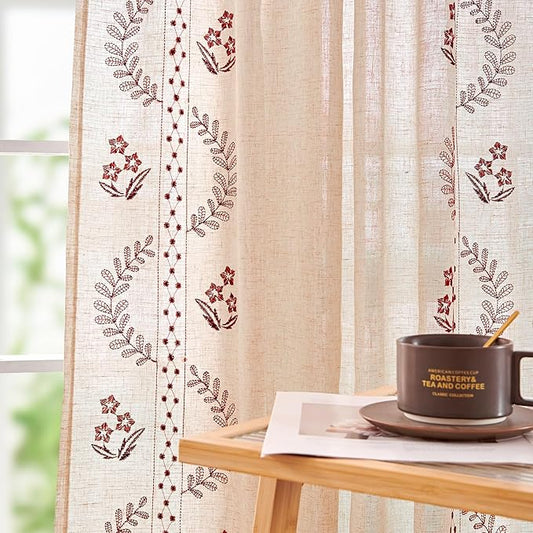 jinchan Belrose Linen Curtains for Bedroom Floral Curtains 96 Inch Length Linen Blend Burgundy Red Embroidered Drapes Farmhouse Flower Patterned Drapes for Living Room Window Treatments Set 2 Panels