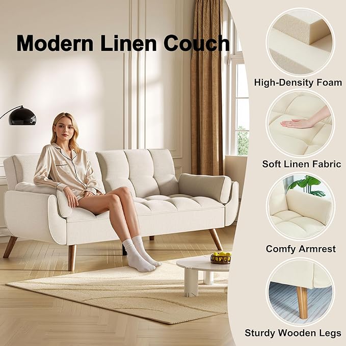 Futon Couch for Small Spaces & Apartment, 2-in-1Modern Comfy Loveseat Convertible Sofa Bed, 75.4-Inch Compact Design for Living Room, Dorms, and Studios-Beige