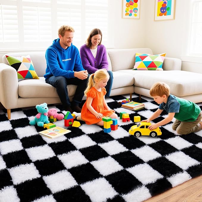 Black and White Checkered Rugs for Bedroom, Ultra Fluffy Fuzzy Shag Area Rug for Living Room 5x7, Modern Plush Soft Upgrade Non-Slip Carpet for Kids Girls and Boys Room Dorm Nursery Home Decor