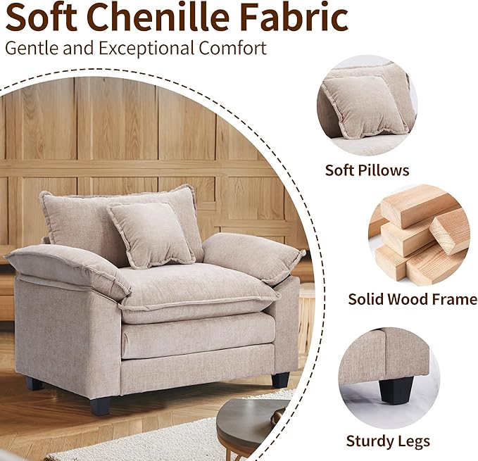 SweetGO corporation 45" Chenille Lounge Chair for Reading, Modern Couch Cozy Sofa Bed, Upholstered Living Room Single Sofa Accent Chair with Ottoman, Coffee