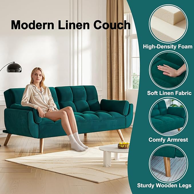 Futon Couch for Small Spaces & Apartment, 2-in-1Modern Comfy Loveseat Convertible Sofa Bed, 75.4-Inch Compact Design for Living Room, Dorms, and Studios-Green