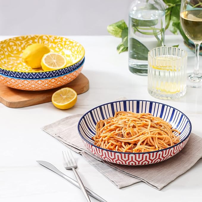 KitchenTour Pasta Bowls 26 Ounce, 8 inch Porcelain Ceramic Soup Dinner Salad Serving Bowls Set of 6, Dishwasher and Microwave Safe, Assorted Colors