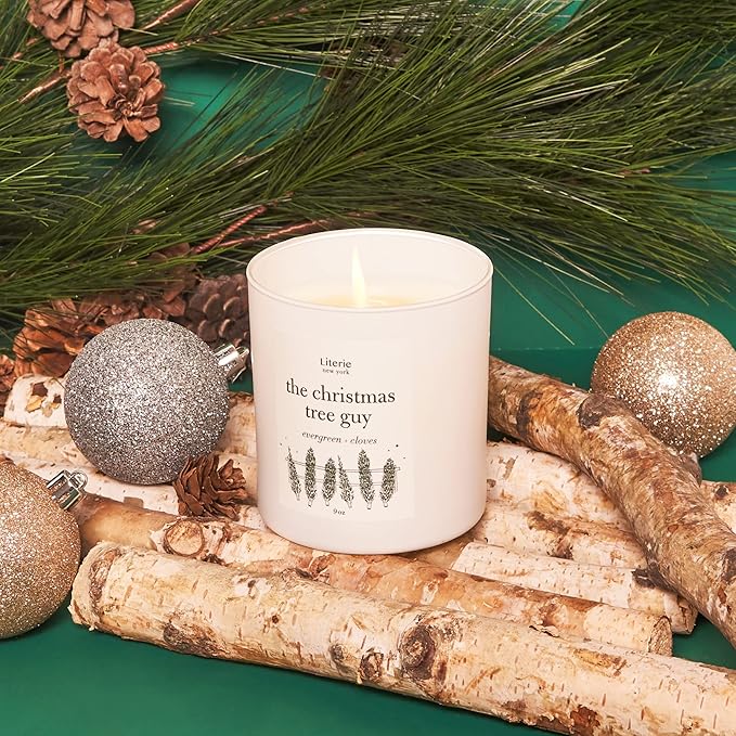 Literie NYC Inspired Scented Candle: The Christmas Tree Guy - Evergreen & Cloves Scent, 9oz, 50 Hour Burn, Vegan Soy & Coconut Blend Candle for Home Decor, Gift for Women & Men