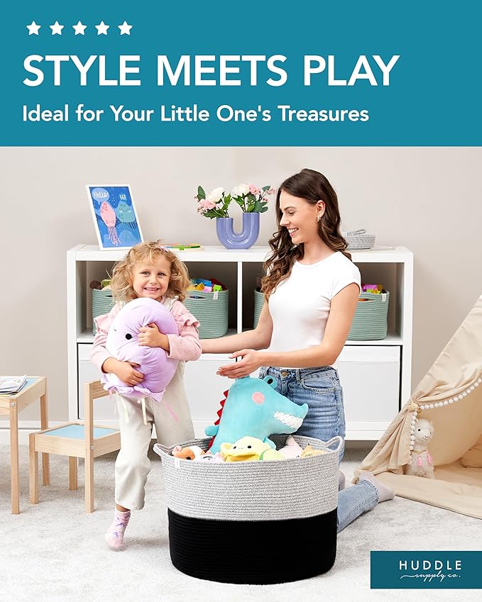 XXXXL WASHABLE 125L Extra Large Durable Soft Blanket Basket, Woven Decorative Cotton Rope Basket with Handles for Laundry, Living Room, Baby Toy Nursery Storage Organization Bin 24" x 17" (Black/Grey)