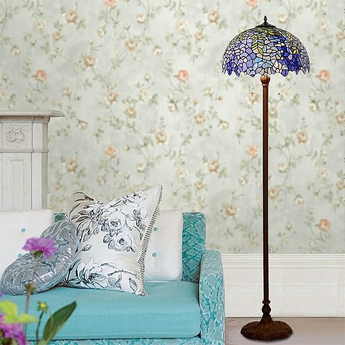 Floor Lamp, Tiffany Style Stained Glass Purple Wisteria Hanging Lamp with Handmade Lampshade, Suitable for Decorating Room (Purple, 16in)