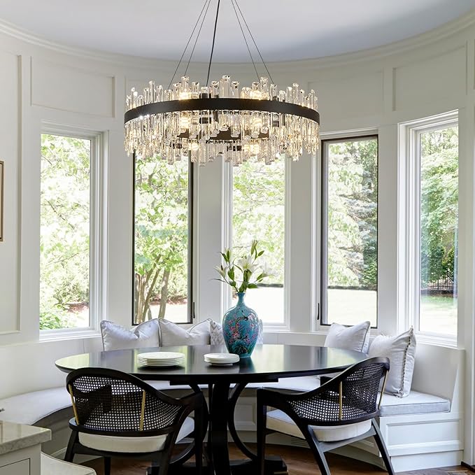 Round Crystal Chandeliers, D31.5 inch 16-Light Black Chandelier Lighting Fixture, Height Adjustable Pendant Ceiling Light for Living Room Dining Room Bedroom