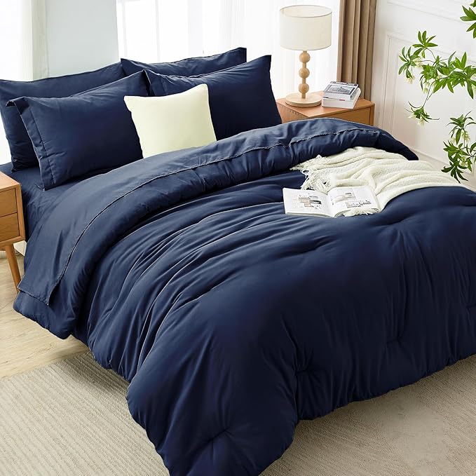 MUXHOMO 7 Pieces Full Comforter Set, Soft Bed in a Bag Full Size, All Season Bedding Set with Comforter, Flat Sheet, Fitted Sheet, Pillowcases & Shams, Navy Blue