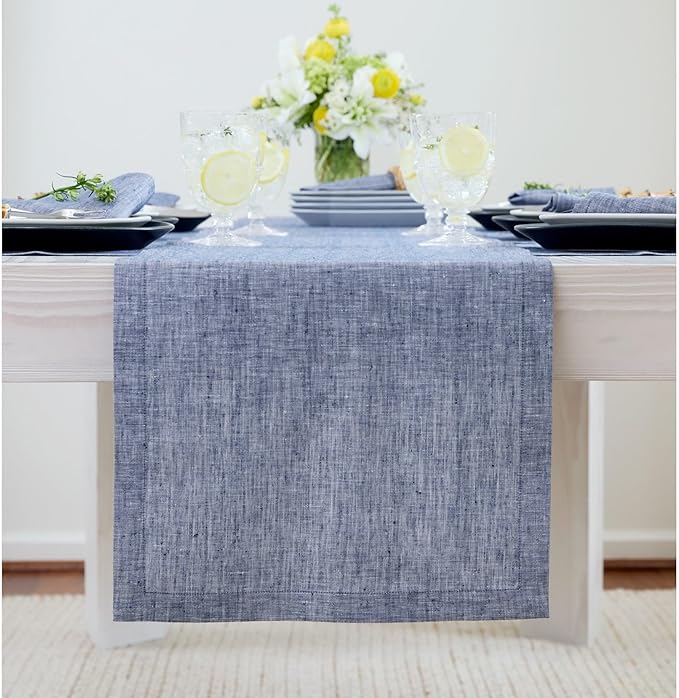 Solino Home Linen Chambray Indigo Table Runner 90 Inches Long - Athena, 100% Pure Linen Dining Table Runner 14 x 90 Inch for Christmas, Holiday