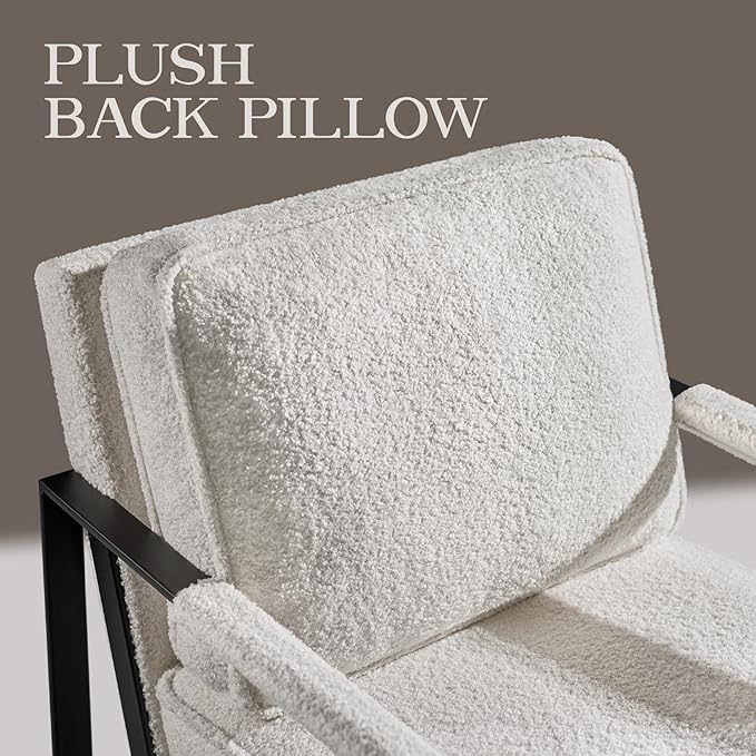 Yaheetech Teddy Boucle Fabric Armchair, Retro Leisure Accent Chair with Extra Soft Padded and Cushion, Modern Reading Arm Chair with Black Metal Frame for Living Room/Office/Bedroom/Study, Ivory