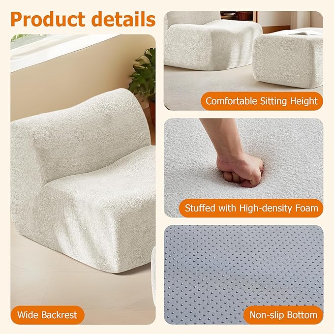 Lazy Sofa Chair, Modern Comfy Raindrop Velvet Fabric Deep Seat Armless Lounge Chair Movable Ottoman Set, 1-Seater Modular Sectional Sleeper Couch for Living Room, Bedroom, Office, Salon, Beige