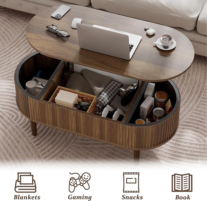 EAG Fluted Lift Top Coffee Table with Hidden Compartment, 39 Inch Modern Oval Coffee Table with 3 Storage, Fully Wooden Assembled Center Table for Living Room, Office, Walnut