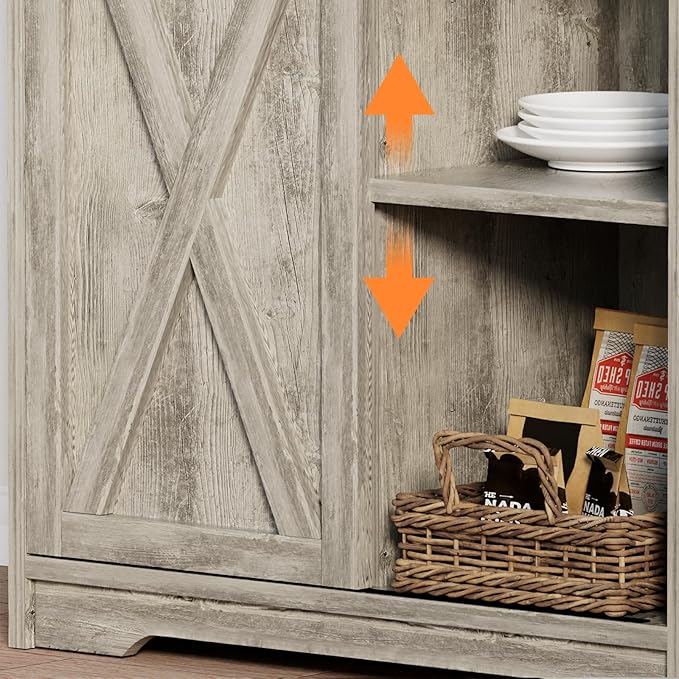 Farmhouse Coffee Bar with 3 Tier Storage Hutch, 56 Inch Small Coffee Station with 6 Hooks, Corner Bar Table with Adjustable Shelves for Living Dining Room (Grey)