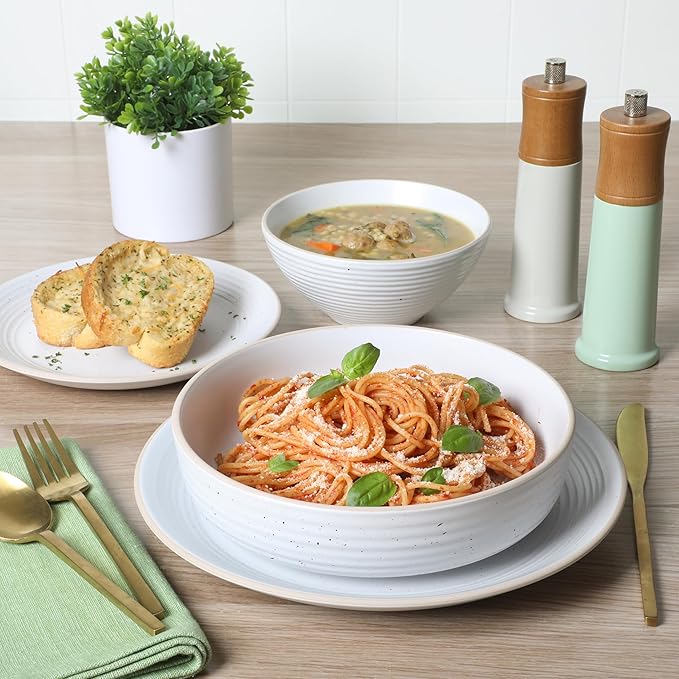 Gibson Home Dinah 16 Piece Double Bowl Stoneware Embossed Speckled Dinnerware Set - Matte White