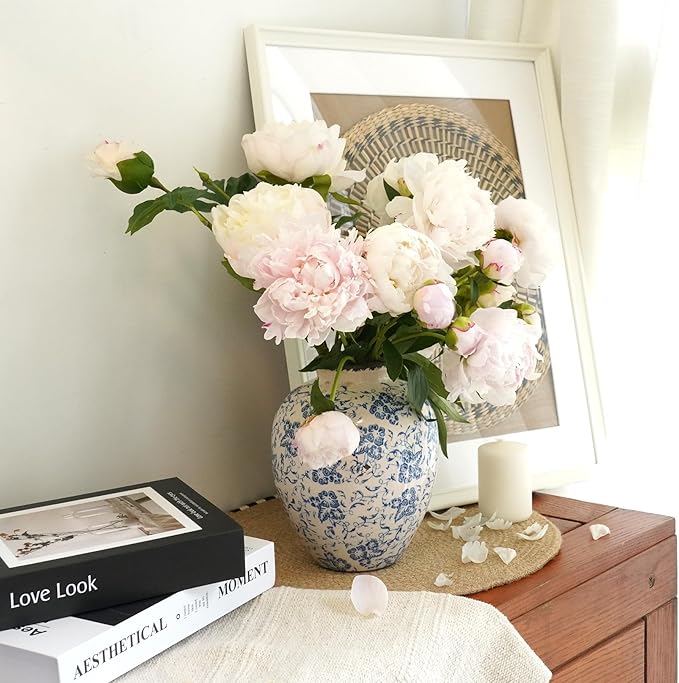 Vintage Blue and White Floral Ceramic Vase – Round Pottery Terracotta Jar for Home Decor, Rustic Farmhouse Boho Table Centerpiece, Fresh or Dried Flower Holder, 7.9 Inch Decorative Accent
