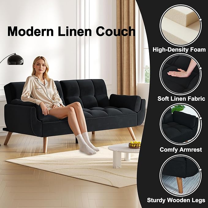 Futon Couch for Small Spaces & Apartment, 2-in-1Modern Comfy Loveseat Convertible Sofa Bed, 75.4-Inch Compact Design for Living Room, Dorms, and Studios-Black