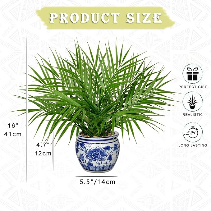 Hollyone Large Artificial Potted Plants Fake Palm Plants 16" Faux Green Plant Plastic Tropical Palm Tree in Blue and White Porcelain Ceramic Pots for Home Room Office House Indoor Decoration