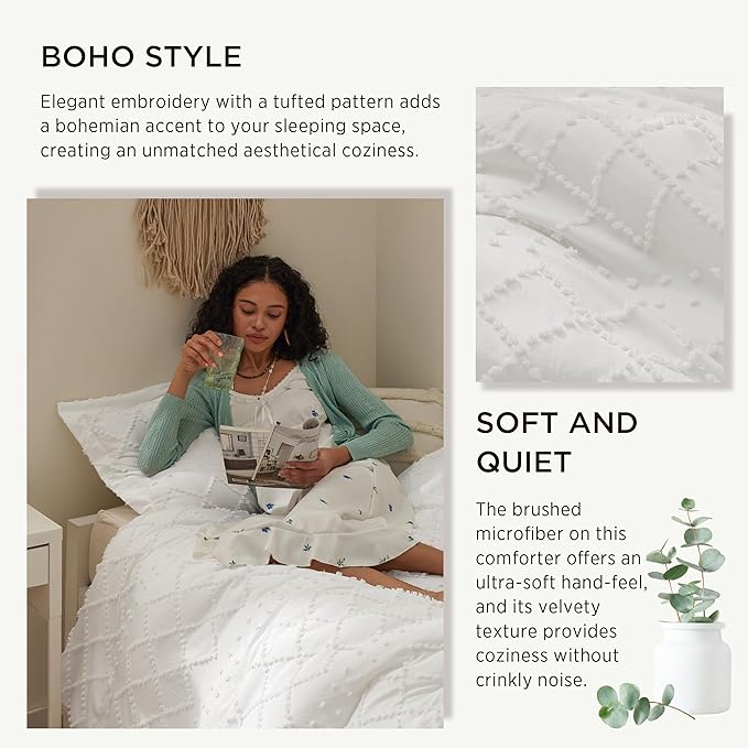 Bedsure Twin XL Comforter Set - White Comforter, Boho Tufted Shabby Chic Bedding for Kids, 2 Pieces Vintage Farmhouse Bed Set for All Seasons, Fluffy Soft Bedding with 1 Pillow Sham