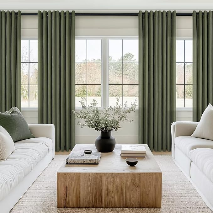 Topfinel Olive Green Linen Sheer Curtains 84 Inches Long 2 Panels for Living Room Bedroom Rustic Grommet Curtain Light Filtering Loden Forest Green Farmhouse Drapes 84 Inch Length