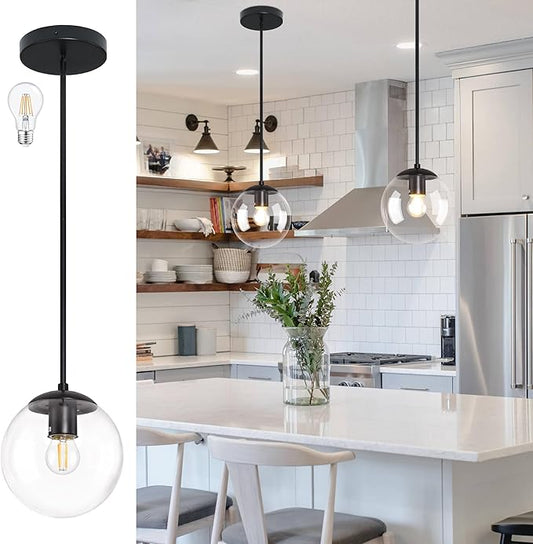 8 Inch Black Mid Century Pendant Light Globe Clear Glass Fixture Lights Kitchen Island Globe Pendant Light Mid Century Adjustable Hanging Farmhouse Lights Fixtures for Kitchen Island