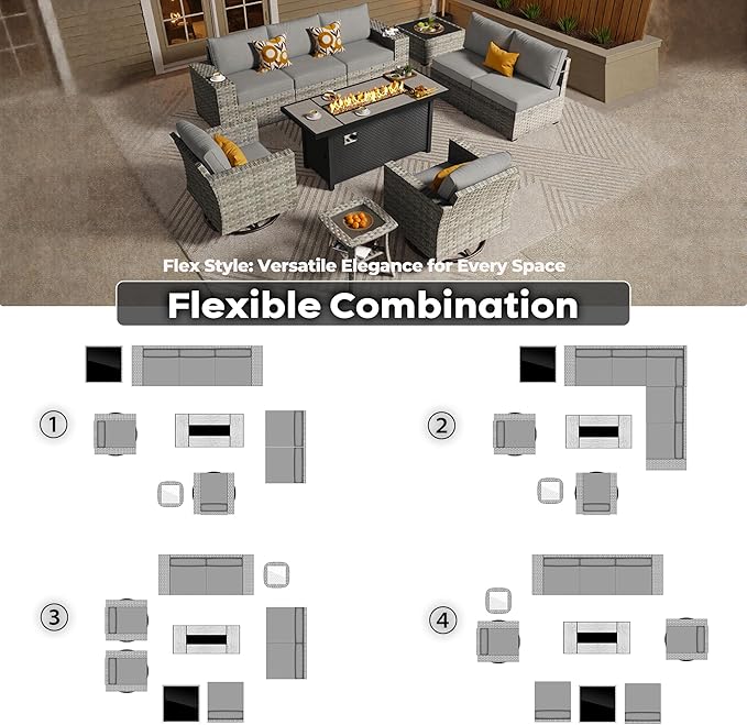 ovios 10 Pieces Patio Furniture Set, Outdoor Wicker Sectional Sofa with 54" Fire Pit Table Swivel Chairs, Modern Modular Deep Seat Rattan Couch Conversation Sets, Dark Grey