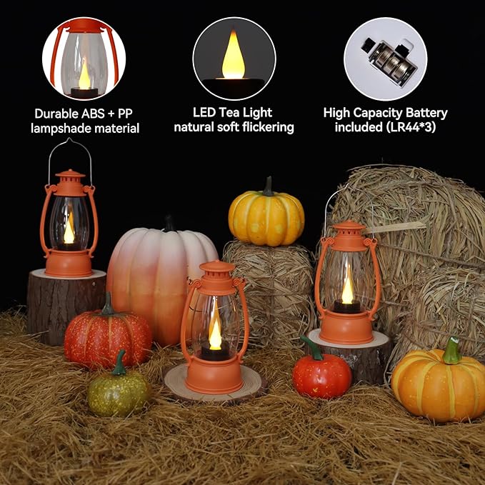 Orange Mini Lanterns Decorative 6-Pcs for Fall Halloween Thanksgiving Decoration, Small Western Lantern with LED Flickering Candle for Cowboy Camping Christmas Wedding Decor, Centerpiece Table