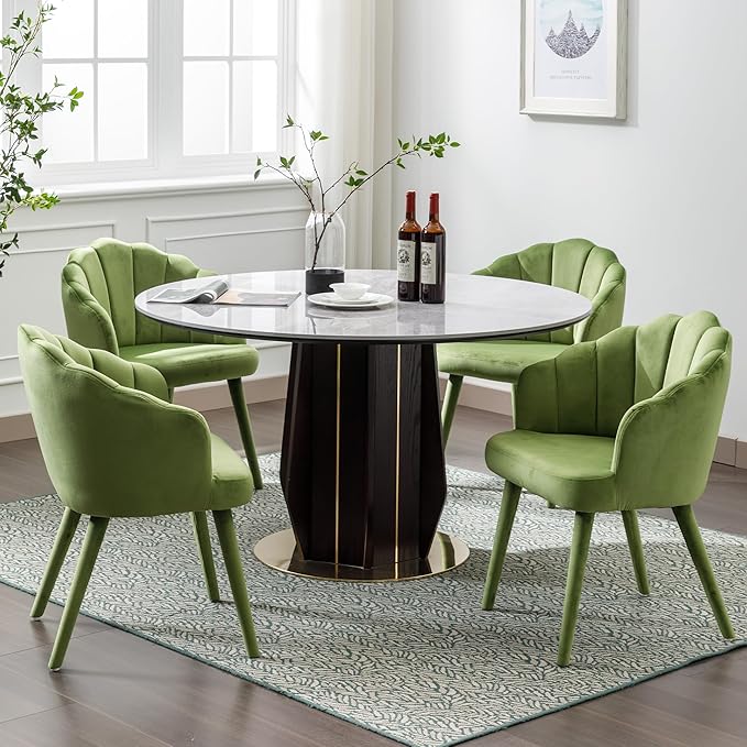 Modern Dining Room Chairs Set of 4 Chic Velvet Accent Chair Upholstered Side Chairs with Wood Legs for Home Kitchen/Living Room/Restaurant, Green