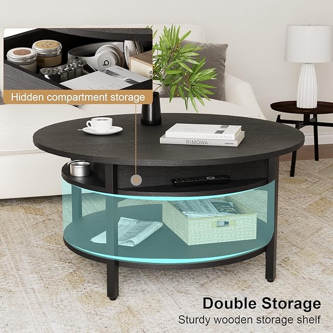 FABATO Round Lift Top Coffee Table for Living Room, 35.43'' Round Coffee Table with Storage and Hidden Compartment, 2 Tier Large Farmhouse Coffee Table Round Dining Table, Black