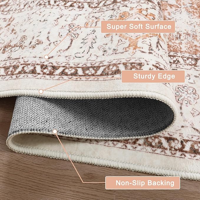 LIVEBOX 5x7 Area Rugs for Living Room, Washable Nursery Orange Boho Rug Soft Non-Slip, Low-Pile Vintage Medallion, Retro Faux Wool for Dining Room, Bedroom, Office