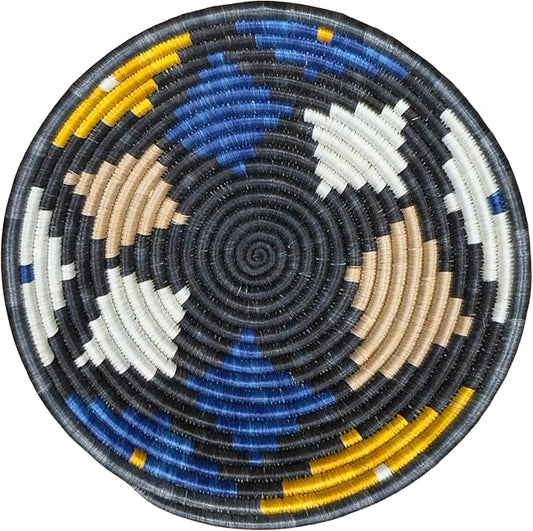 Handwoven African Basket Handmade sisal Fruit Bowl Wall Hanging decorative Baskets for Home Living Room Kitchen Centerpiece Zen Designs Arts and Crafts (Charcoal Grey Blue Tan, 8in diameter)