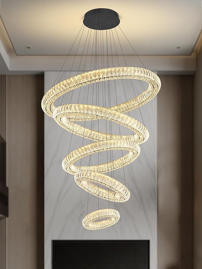 Modern Crystal Chandelier Lighting, Black 5 Ring Chandeliers LED Ceiling Lights Fixtures High Ceiling Chandeliers for Staircase, D8''+15.7"+23.6"+31.5"+39.4"