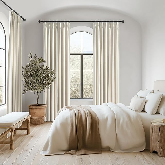 Room Darkening Cream Linen Curtains 92 Inches Long for Living Room/Bedroom, Neutral Pinch Pleated Blackout Heavy Curtain Insulated 2 Panels Set Floor to Ceiling for 93 Inch Window Drapes 40"W x 92"L