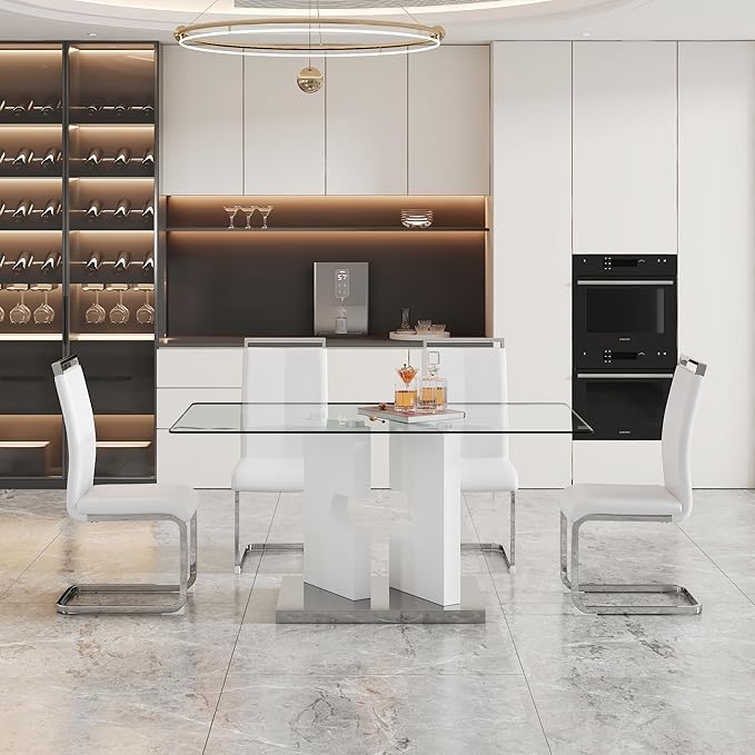 Glass Dining Table Set of 4, 63" Dinner Room Glass Table Set for 4, Modern Kitchen Dinner Table Set with 4 Upholstered Faux Leather Dining Chairs for Living Dining Office Room