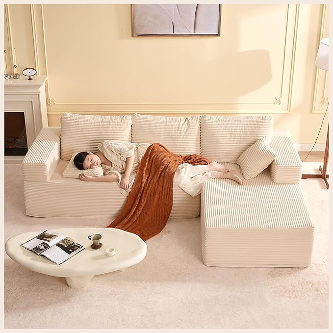 107" Boneless Couch with Deep Seat, Modular Sectional Sofa, Cloud Sectional Couch for Living Room, No Assembly Required, Corduroy, L-Shape Right，White