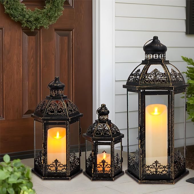TRIROCKS Large Set of 3 Decorative Lanterns 19''&13.5''&9.5" H Vintage Hanging Lantern Metal Candleholder with Tempered Glass for Indoor Outdoor Home Decor Parties Garden(Black with Gold Brush)