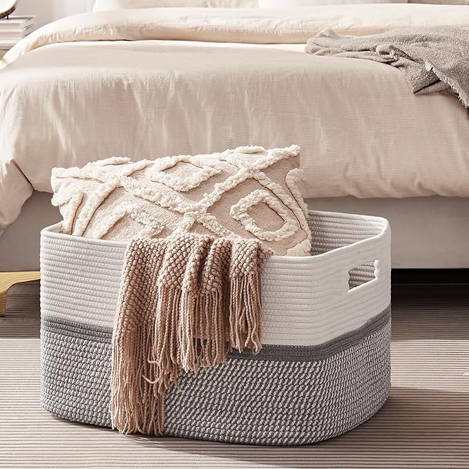 OIAHOMY Extr Large Toy Storage Basket, Rectangle Cotton Rope Storage Basket, Blanket Basket Living Room, Woven Baskets for Organizing, 25 x 16 x 16 Inches-Grey/White