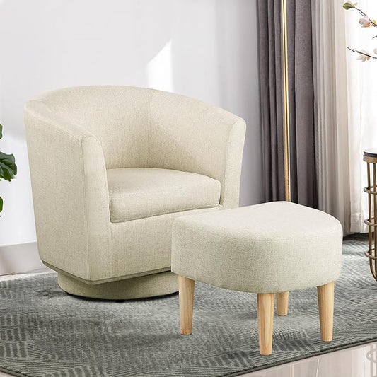 DAZONE Beige Swivel Accent Chair with Ottoman, Comfy Barrel Armchair for Small Spaces, 360° Modern Fabric Lounge Chair for Living Room, Bedroom, Reading Nook, Home Office