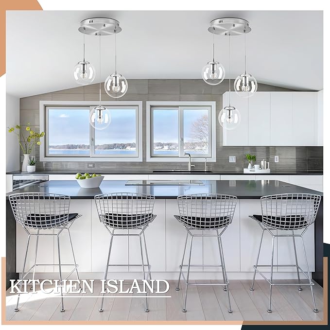 KoKo&Yukina 3-Light Globe Glass Pendant Light Modern Nickel Clear Globe Glass Chandelier Adjustable Length Pendant Lights Fixtures High Ceiling Light for Kitchen Island Foyer (Bulb & Remote Incl.)