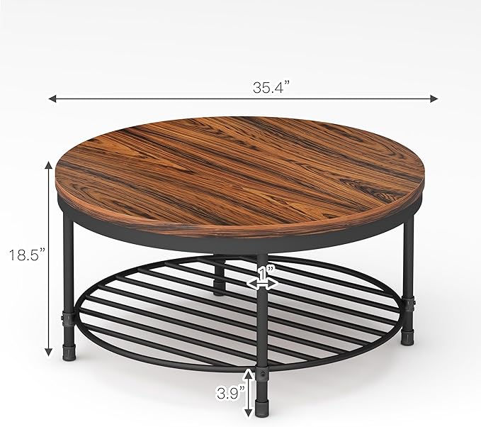 NSdirect 36" Round Coffee Table with Storage Shelf, Dark Grey Brown Vintage Wood Top & Metal Legs - 18.5" Height End Table for Small Spaces (Dark Red Brown)